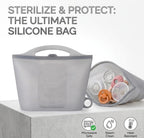 A translucent gray silicone baby bag with a handle, shown upright on a light gray pedestal with a second bag beside it containing pacifiers. Large text at the top reads 'STERILIZE & PROTECT: THE ULTIMATE SILICONE BAG,' and small icons at the bottom mention microwave safe, steam clean, and heat resistant features.