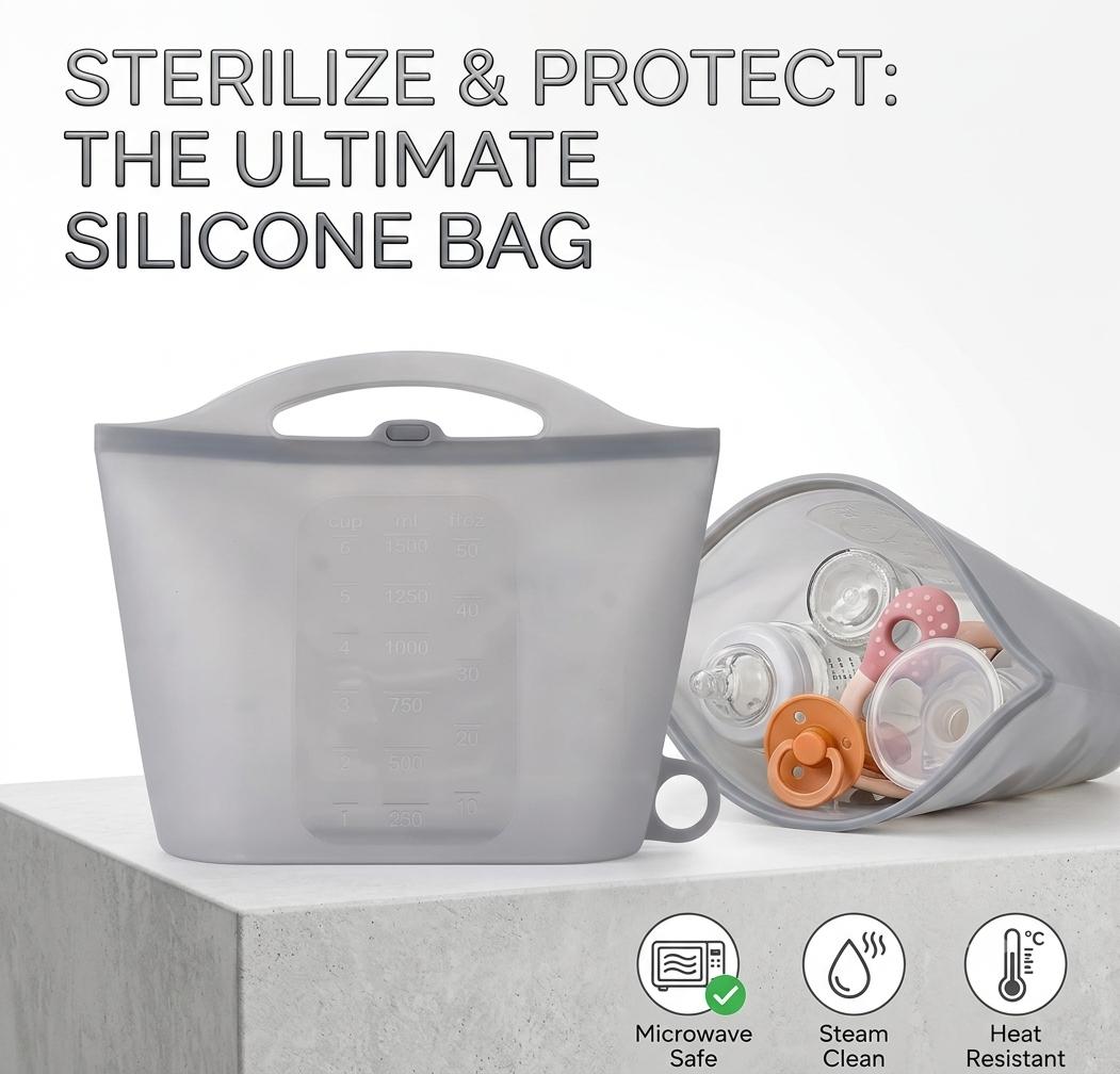 A translucent gray silicone baby bag with a handle, shown upright on a light gray pedestal with a second bag beside it containing pacifiers. Large text at the top reads 'STERILIZE & PROTECT: THE ULTIMATE SILICONE BAG,' and small icons at the bottom mention microwave safe, steam clean, and heat resistant features.
