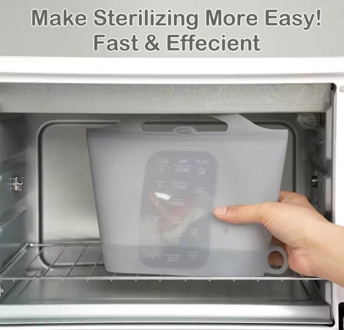 A translucent gray silicone sterilizer bag with printed measurement markings is being held inside a stainless steel microwave by a person's hand. Text at the top reads 'Make Sterilizing More Easy! Fast & Effecient'.