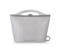 A translucent gray silicone collapsible water bottle with a handle and measurement markings, shown on a white background.