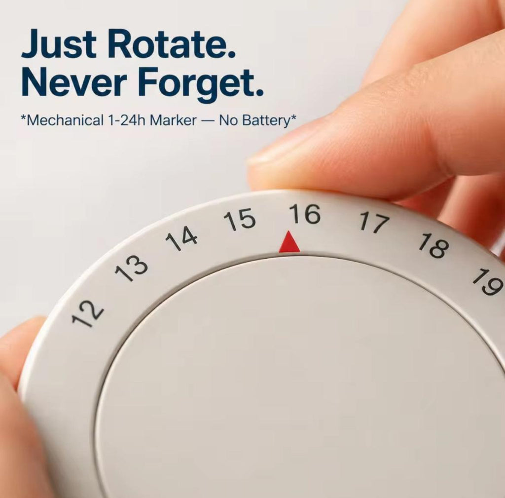 Close-up of timer on travel cooler hand rotating a white circular dial with black numbers and a red marker triangle. Blue text at the top reads, 'Just Rotate.