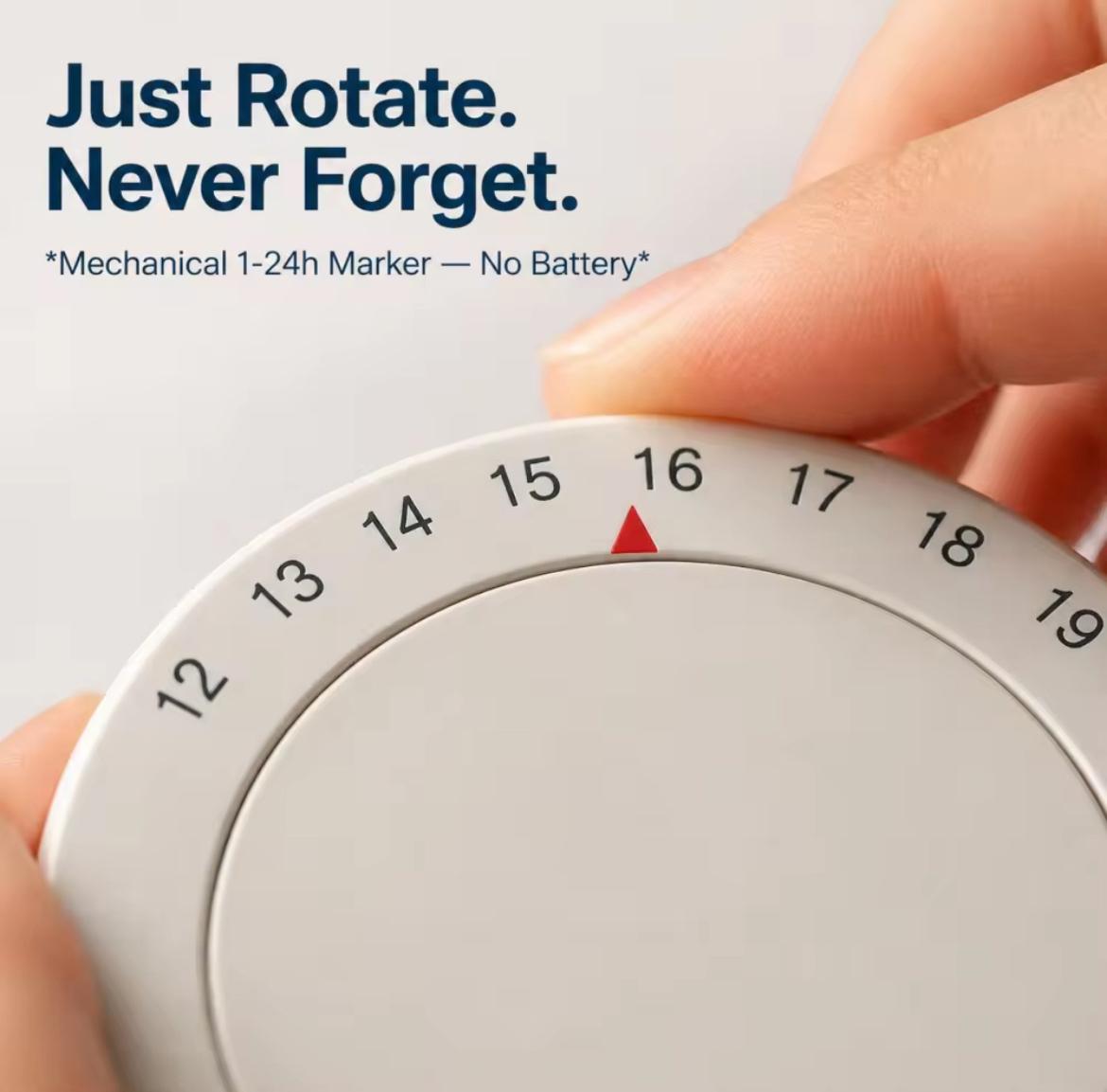 Close-up of timer on travel cooler hand rotating a white circular dial with black numbers and a red marker triangle. Blue text at the top reads, 'Just Rotate.