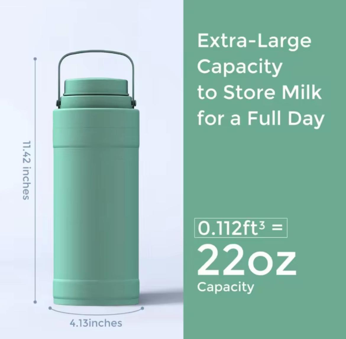A mint green insulated milk bottle with a handle, shown on a split white and sage green background with text stating 'Extra-Large Capacity to Store Milk for a Full Day' and '22oz Capacity' with dimensions 11.42 inches tall and 4.