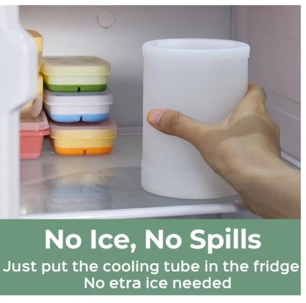 A hand inserts a translucent white cooling tube into a refrigerator shelf, with stacked colorful ice trays in the background. Text at the bottom reads 'No Ice, No Spills' and 'Just put the cooling tube in the fridge No etra ice needed'.