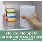 A hand inserts a translucent white cooling tube into a refrigerator shelf, with stacked colorful ice trays in the background. Text at the bottom reads 'No Ice, No Spills' and 'Just put the cooling tube in the fridge No etra ice needed'.