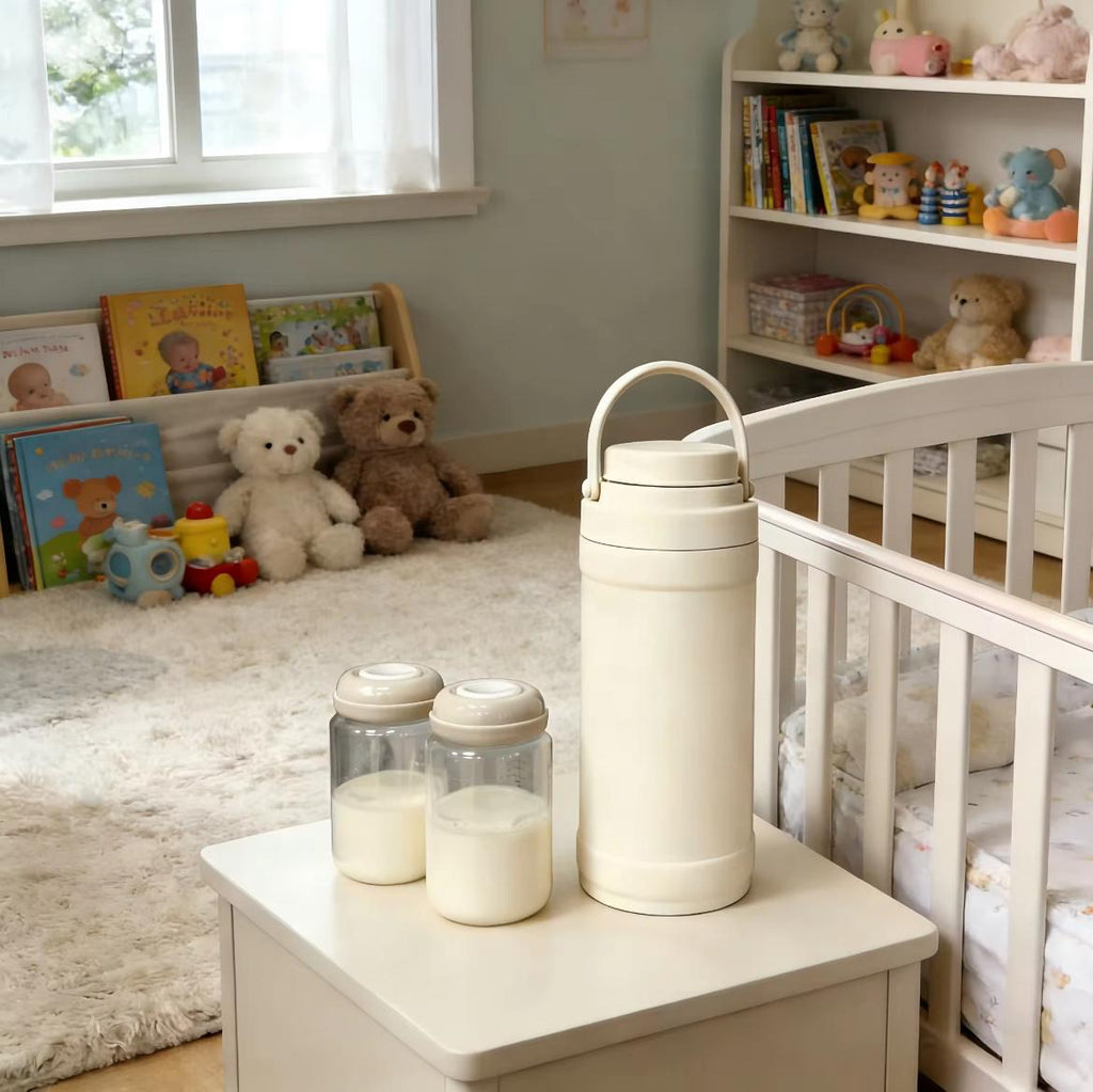 A cream-colored vacuum insulated bottle with a carrying loop sits on a white bedside table next to two glass baby bottles filled with milk in a softly lit nursery room.