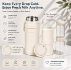 A smart milk storage system shown on a light marble surface with product features listed around it. The set includes a cream-colored insulated bottle with a stainless steel lid, a small cream container, a clear bottle, a round temperature dial, and a time tracker.