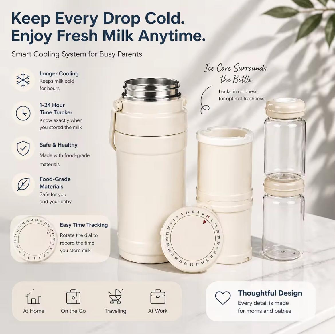 A smart milk storage system shown on a light marble surface with product features listed around it. The set includes a cream-colored insulated bottle with a stainless steel lid, a small cream container, a clear bottle, a round temperature dial, and a time tracker.