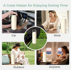 A promotional collage showing a reusable insulated bottle in four lifestyle scenes: in a car, at work, outdoors while holding a baby, and on an airplane. The center inset shows the bottle hanging from a handle.