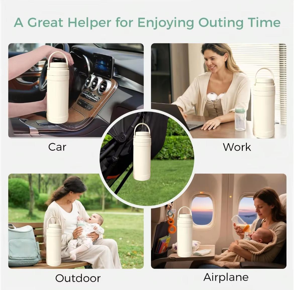 A promotional collage showing a reusable insulated bottle in four lifestyle scenes: in a car, at work, outdoors while holding a baby, and on an airplane. The center inset shows the bottle hanging from a handle.