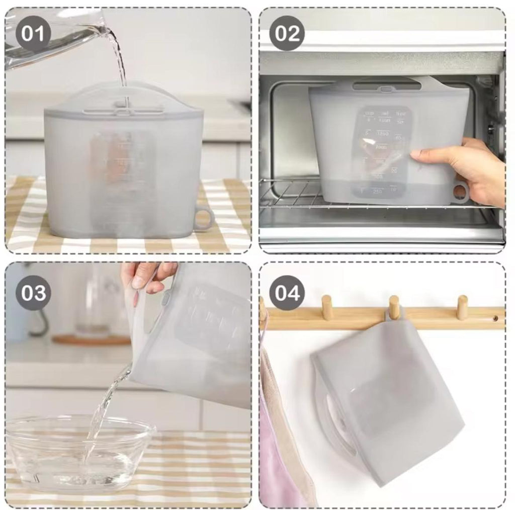 Four-panel demonstration collage showing a translucent gray water reservoir or container: pouring water into it, placing it inside an oven, pouring water from it into a bowl, and hanging it on a wooden rack.