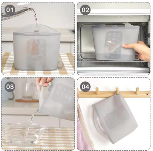 Four-panel demonstration collage showing a translucent gray water reservoir or container: pouring water into it, placing it inside an oven, pouring water from it into a bowl, and hanging it on a wooden rack.