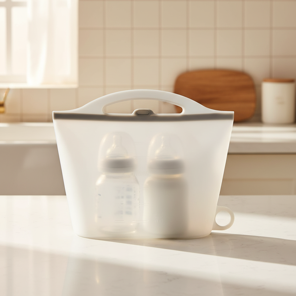 A translucent white baby bottle caddy with a handle and side loop, holding two baby bottles, set on a kitchen countertop with a tiled backsplash in the background.